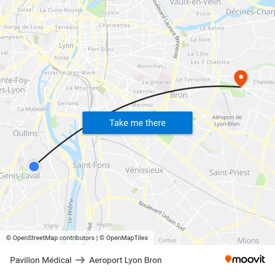 Pavillon Médical to Aeroport Lyon Bron map