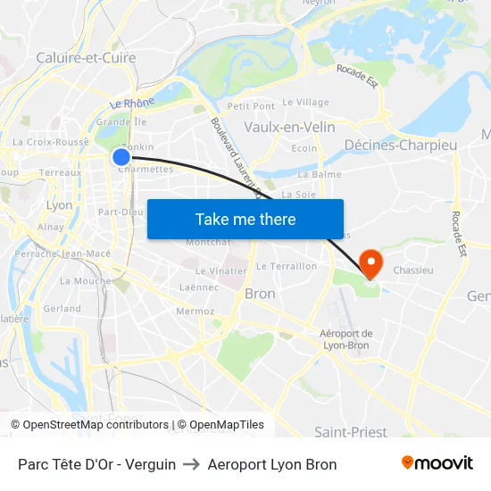 Parc Tête D'Or - Verguin to Aeroport Lyon Bron map