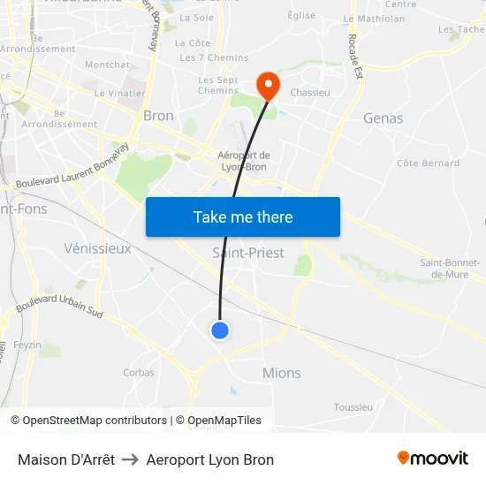 Maison D'Arrêt to Aeroport Lyon Bron map