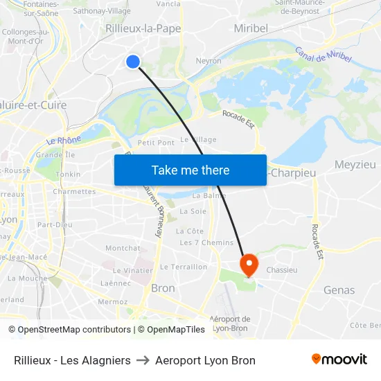 Rillieux - Les Alagniers to Aeroport Lyon Bron map