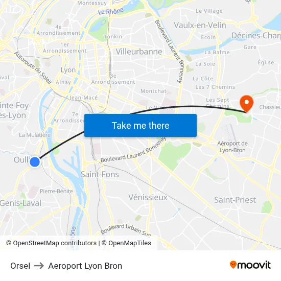 Orsel to Aeroport Lyon Bron map