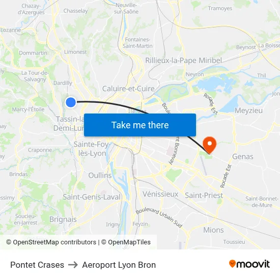 Pontet Crases to Aeroport Lyon Bron map