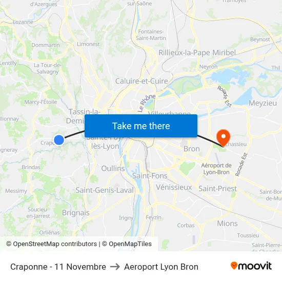 Craponne - 11 Novembre to Aeroport Lyon Bron map