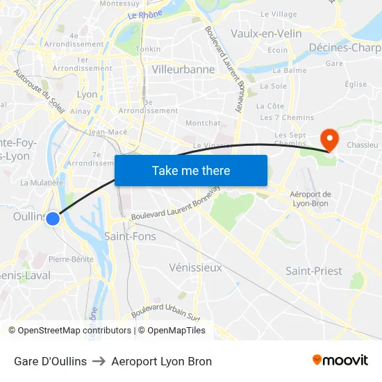 Gare D'Oullins to Aeroport Lyon Bron map