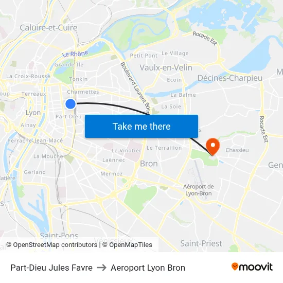 Part-Dieu Jules Favre to Aeroport Lyon Bron map