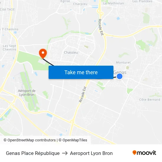 Genas Place République to Aeroport Lyon Bron map