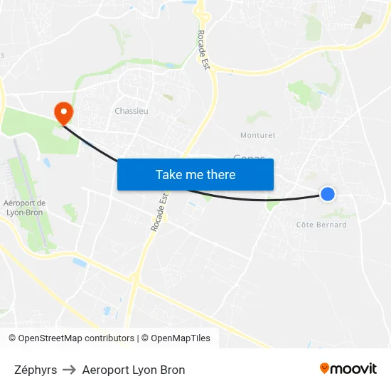 Zéphyrs to Aeroport Lyon Bron map