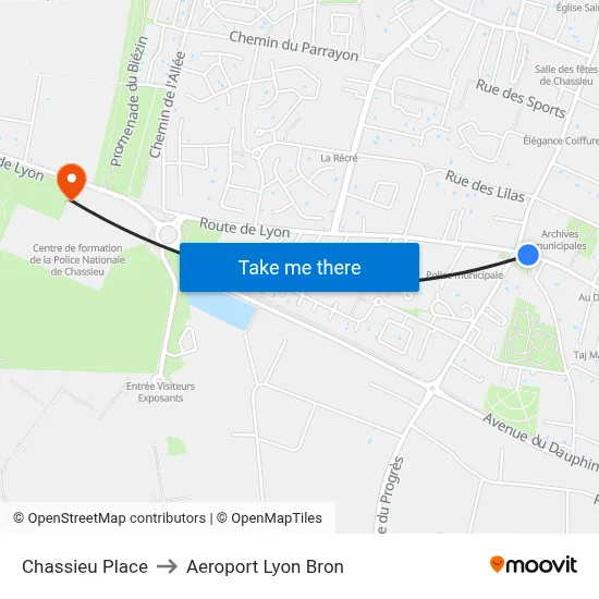 Chassieu Place to Aeroport Lyon Bron map