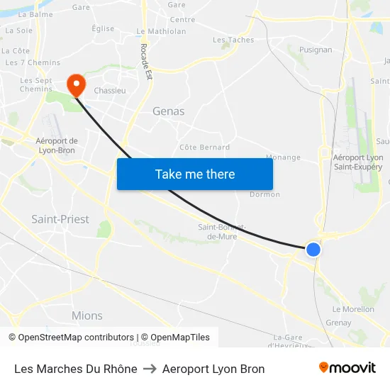 Les Marches Du Rhône to Aeroport Lyon Bron map