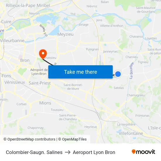 Colombier-Saugn. Salines to Aeroport Lyon Bron map