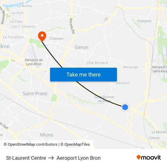 St-Laurent Centre to Aeroport Lyon Bron map