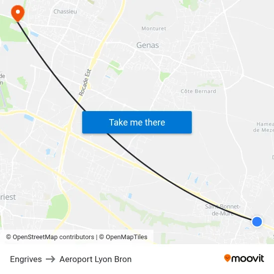 Engrives to Aeroport Lyon Bron map