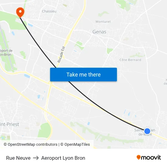 Rue Neuve to Aeroport Lyon Bron map