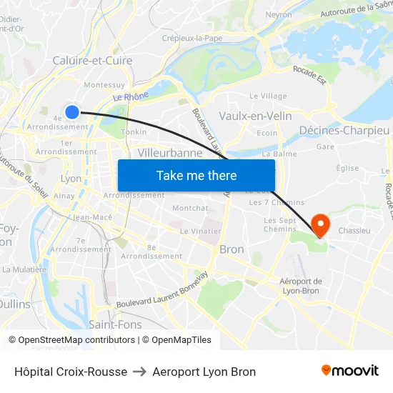 Hôpital Croix-Rousse to Aeroport Lyon Bron map