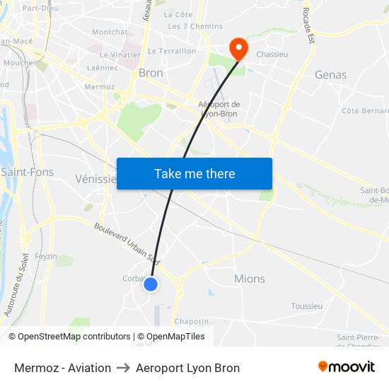 Mermoz - Aviation to Aeroport Lyon Bron map