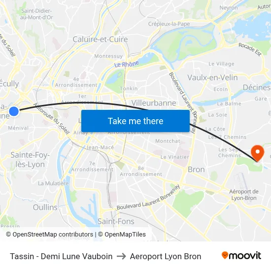 Tassin - Demi Lune Vauboin to Aeroport Lyon Bron map