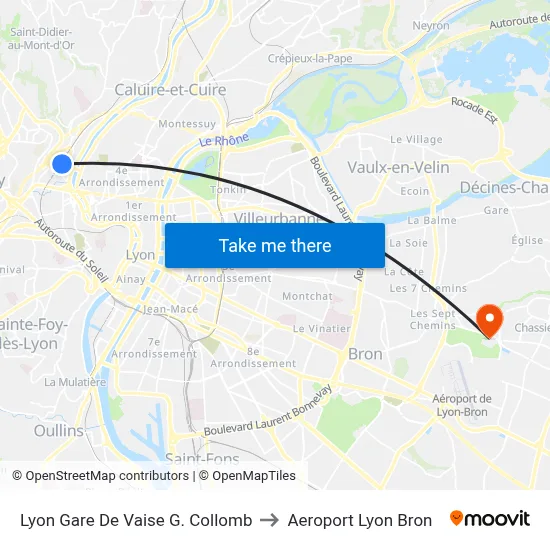 Lyon Gare De Vaise G. Collomb to Aeroport Lyon Bron map