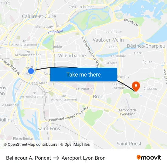 Bellecour A. Poncet to Aeroport Lyon Bron map