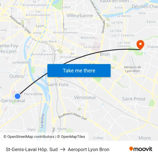 St-Genis-Laval Hôp. Sud to Aeroport Lyon Bron map