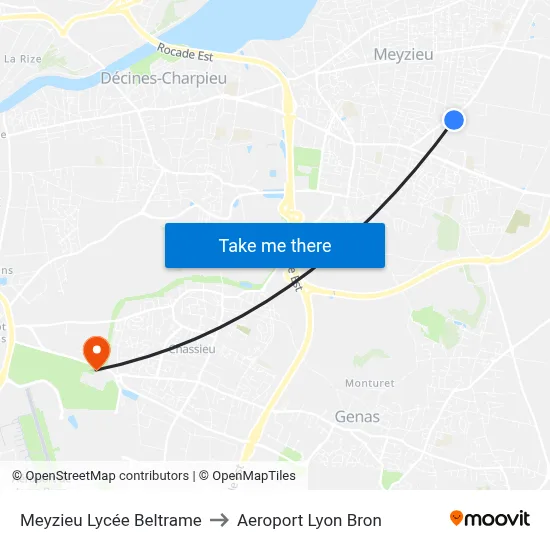 Meyzieu Lycée Beltrame to Aeroport Lyon Bron map
