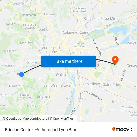 Brindas Centre to Aeroport Lyon Bron map