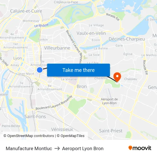 Manufacture Montluc to Aeroport Lyon Bron map