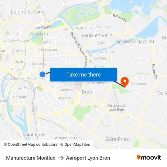 Manufacture Montluc to Aeroport Lyon Bron map