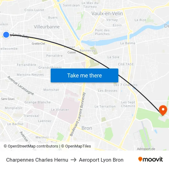 Charpennes Charles Hernu to Aeroport Lyon Bron map