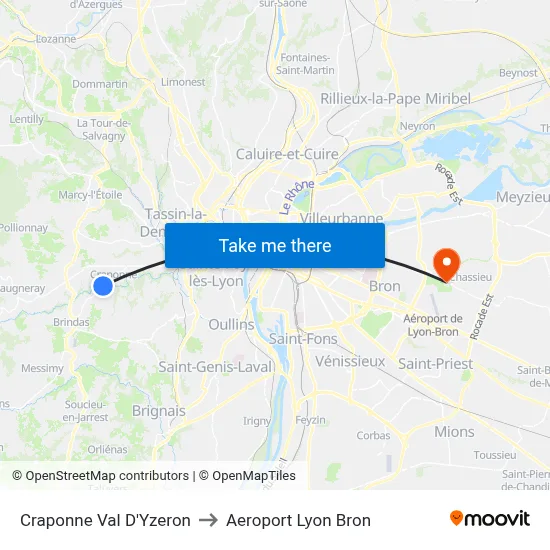 Craponne Val D'Yzeron to Aeroport Lyon Bron map