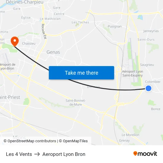 Les 4 Vents to Aeroport Lyon Bron map