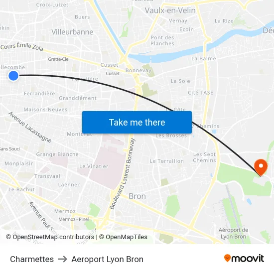 Charmettes to Aeroport Lyon Bron map