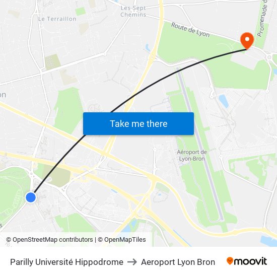Parilly Université Hippodrome to Aeroport Lyon Bron map