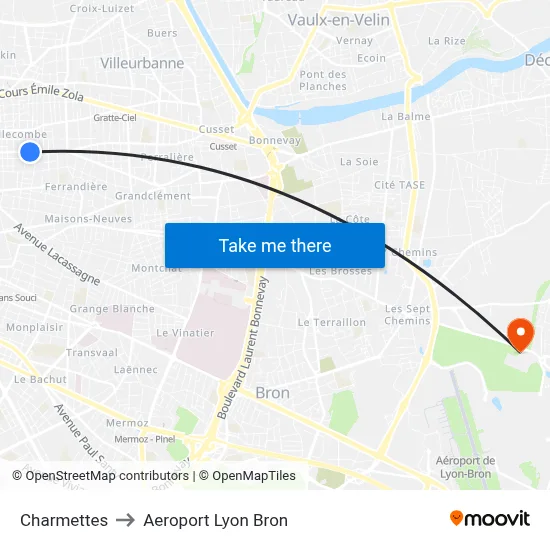 Charmettes to Aeroport Lyon Bron map
