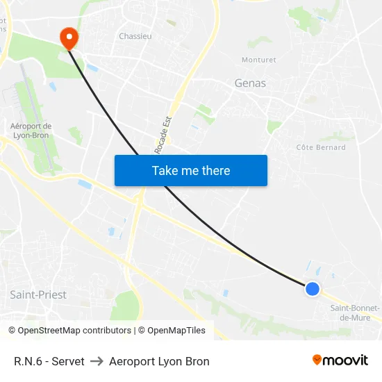 R.N.6 - Servet to Aeroport Lyon Bron map