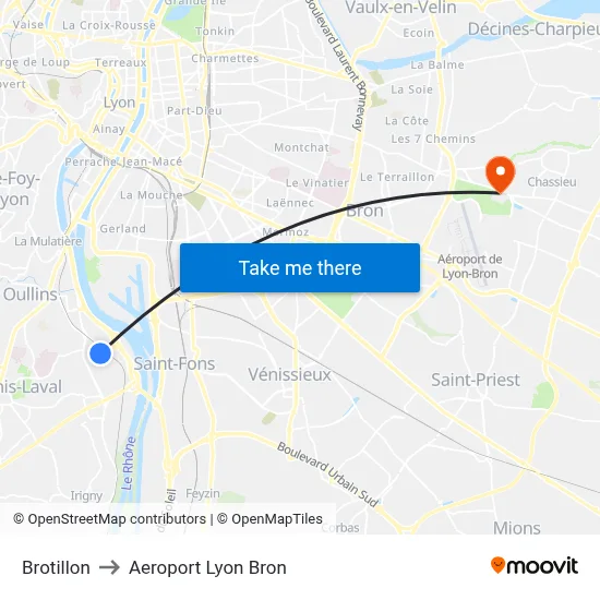 Brotillon to Aeroport Lyon Bron map