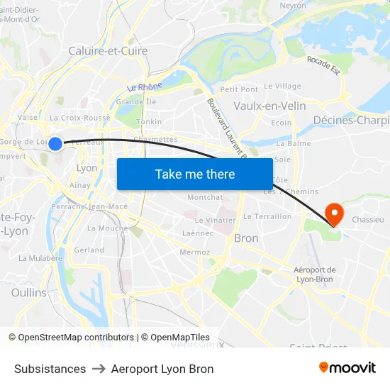 Subsistances to Aeroport Lyon Bron map