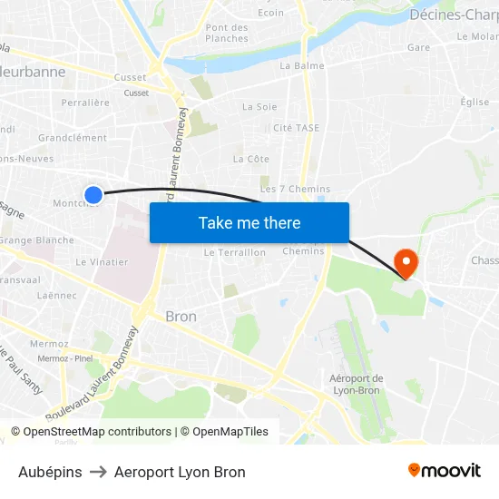Aubépins to Aeroport Lyon Bron map