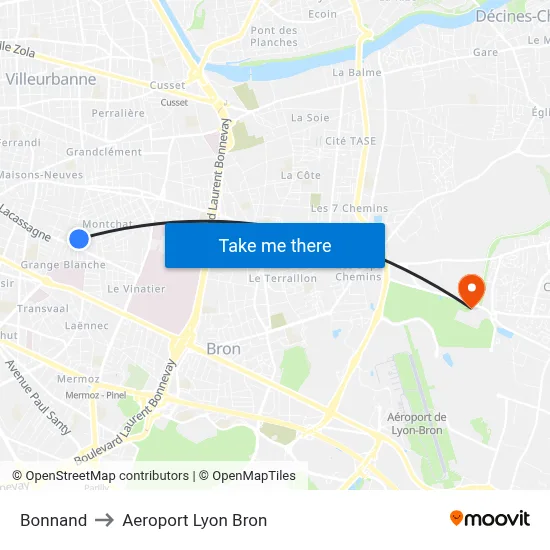 Bonnand to Aeroport Lyon Bron map