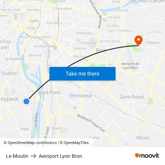 Le Moulin to Aeroport Lyon Bron map