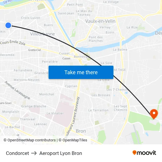 Condorcet to Aeroport Lyon Bron map