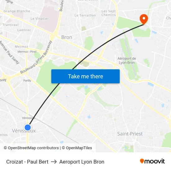 Croizat - Paul Bert to Aeroport Lyon Bron map
