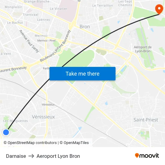 Darnaise to Aeroport Lyon Bron map