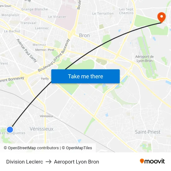 Division Leclerc to Aeroport Lyon Bron map