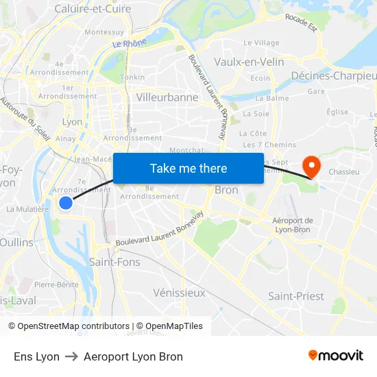 Ens Lyon to Aeroport Lyon Bron map