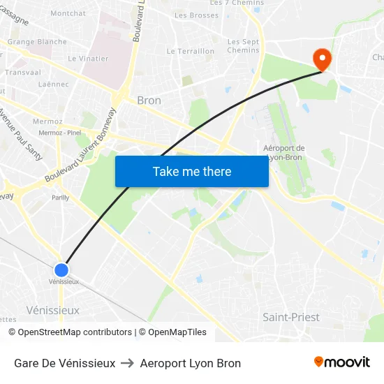 Gare De Vénissieux to Aeroport Lyon Bron map