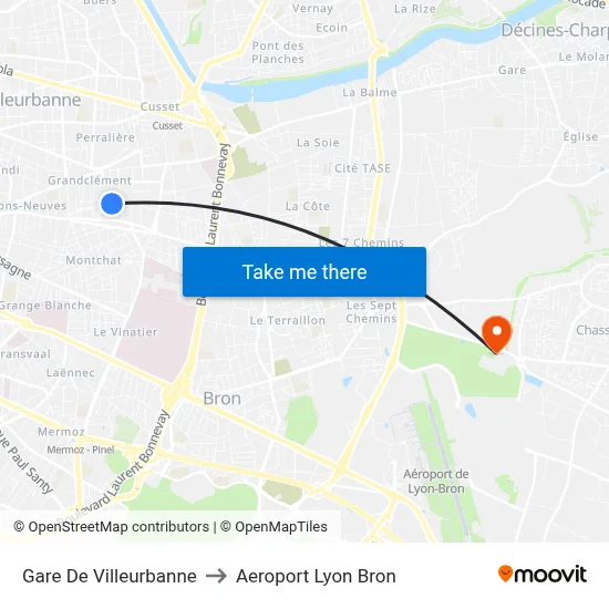 Gare De Villeurbanne to Aeroport Lyon Bron map