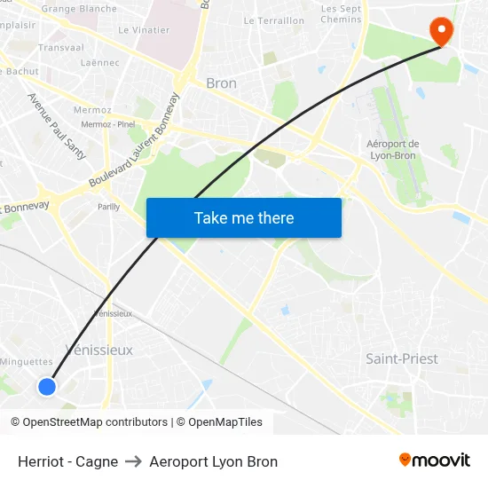 Herriot - Cagne to Aeroport Lyon Bron map