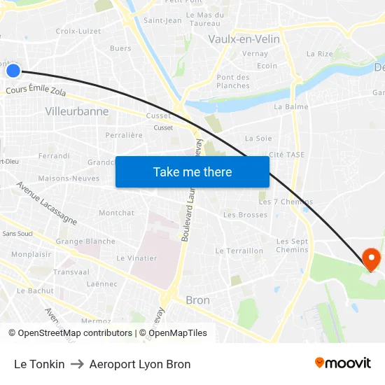 Le Tonkin to Aeroport Lyon Bron map