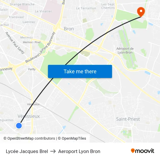 Lycée Jacques Brel to Aeroport Lyon Bron map