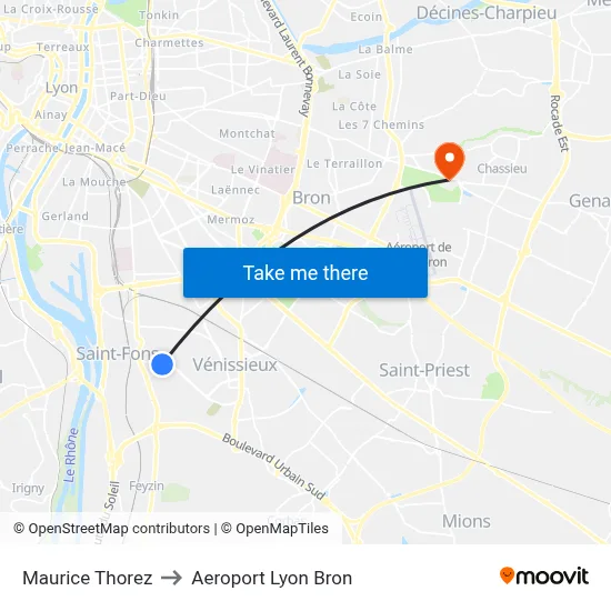 Maurice Thorez to Aeroport Lyon Bron map